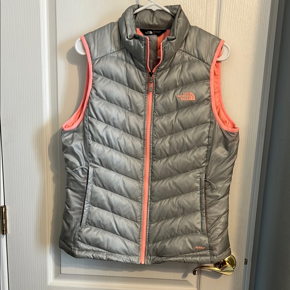 The North Face Quilted Gray and bright Tangerine colored Insulated Vest
